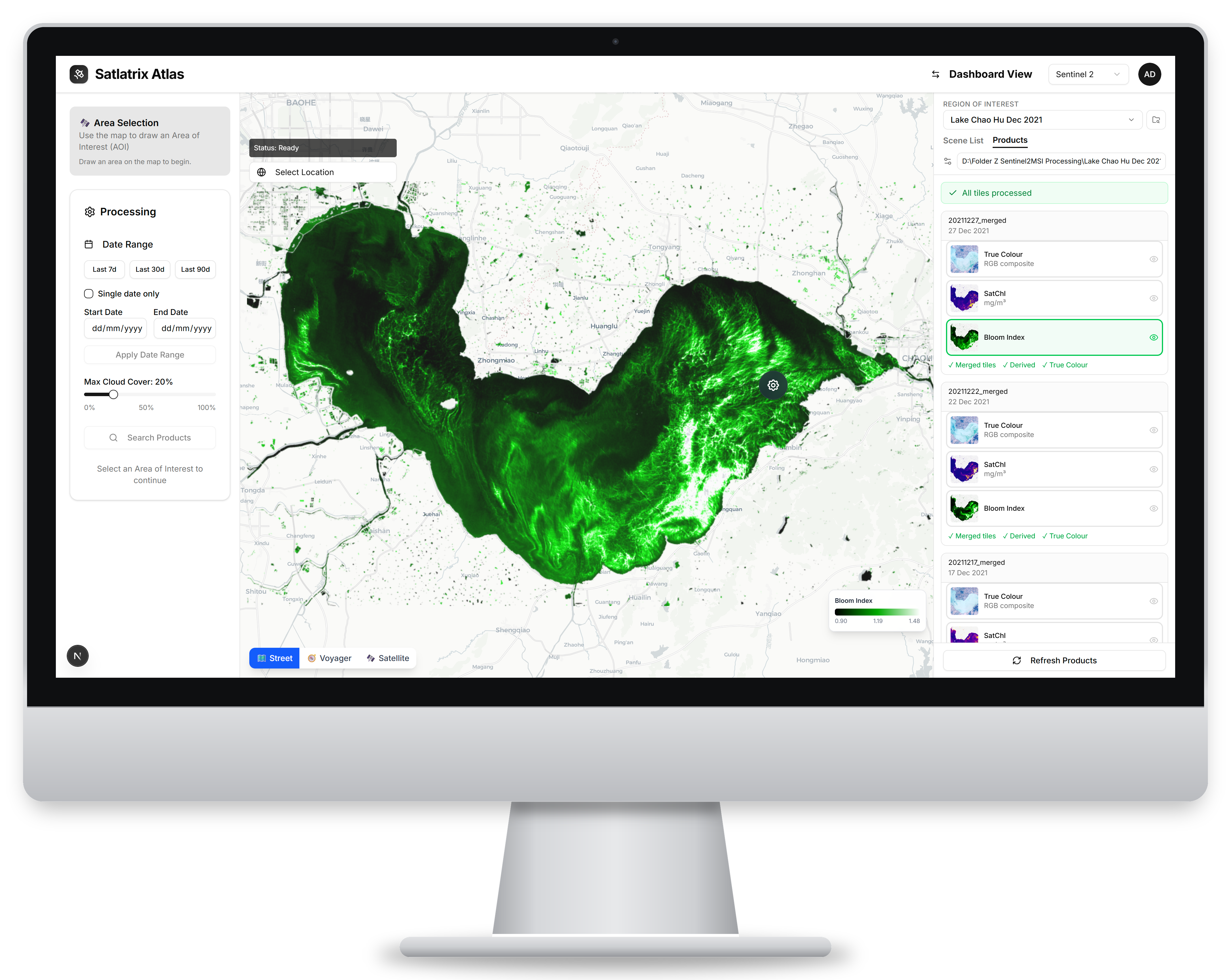 Satlatrix Atlas dashboard showing water-quality analytics