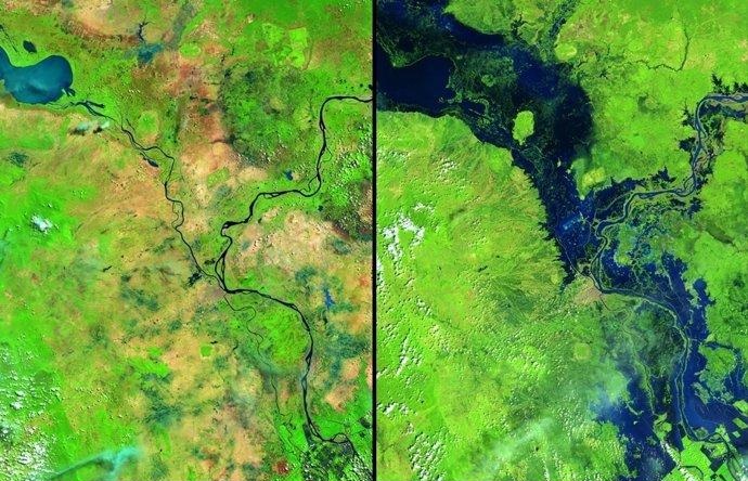 Before-and-after satellite images of a river flooding its surrounding land